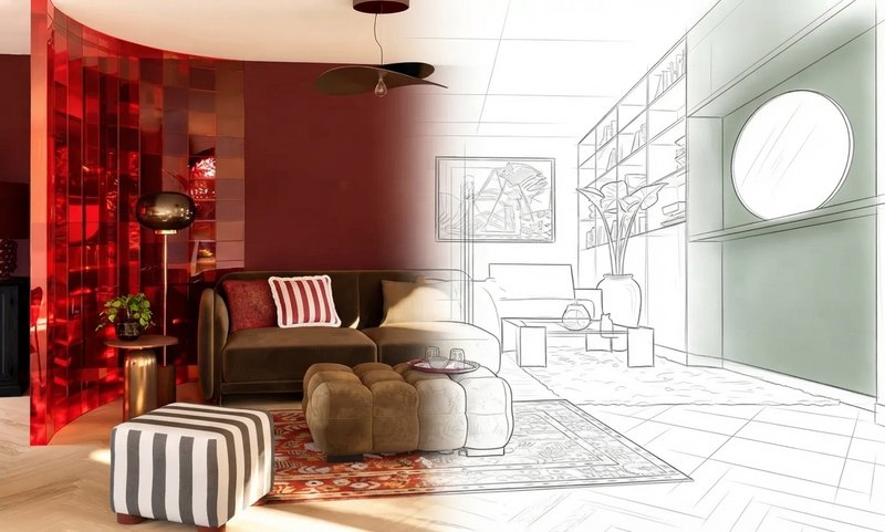 Un intérieur passant du croquis au rendu final.
