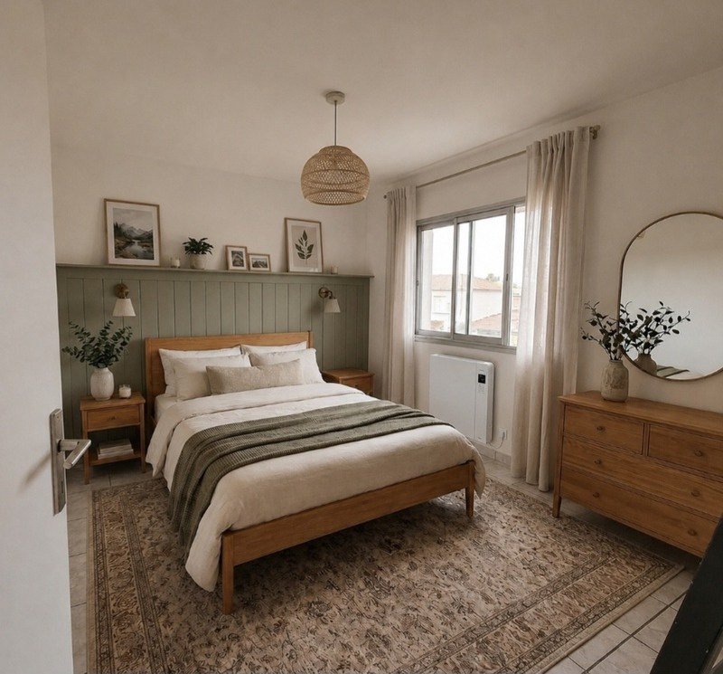 La chambre après travaux : murs clairs, miroir arrondi et commode en bois.