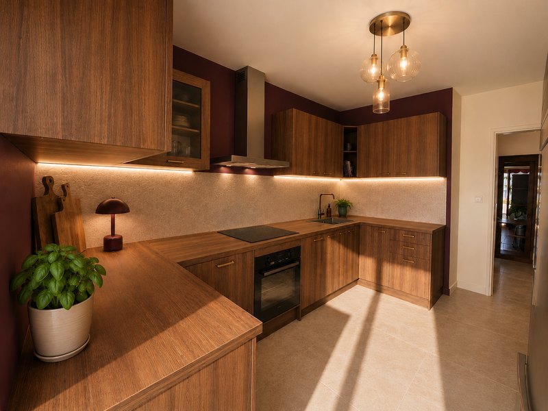 Une cuisine rénovée par Casaïa : façades en bois, plan de travail clair et éclairage intégré.