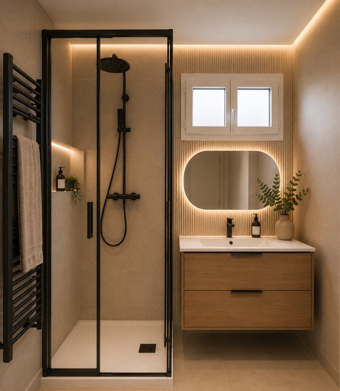 Salle de bain après travaux : douche noire et vasque en bois.