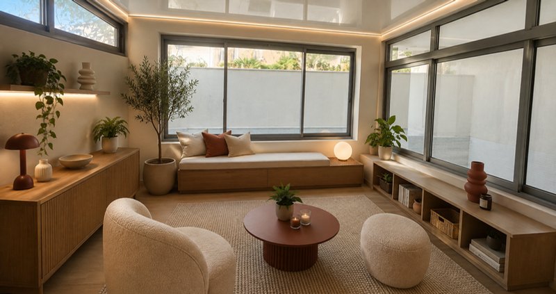 Véranda après aménagement : banquette sur mesure et rangements bas.